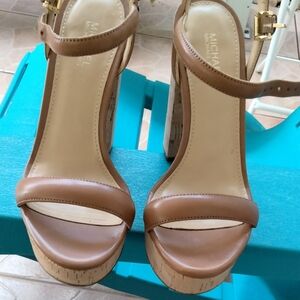 MICHAEL Michael Kors DALLAS Tan Leather Cork Platform Sandals
